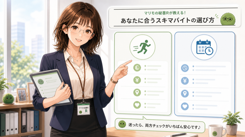 タイミーとシェアフルの選び方を案内するマリモの秘書R