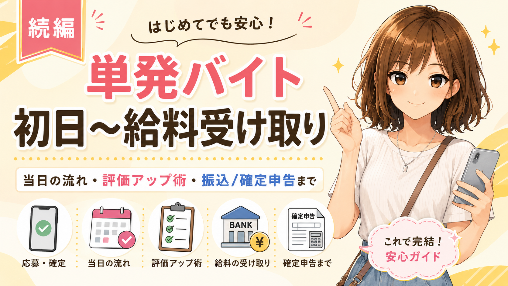 単発バイト初日から給料受け取りまでの流れをまとめたガイド画像