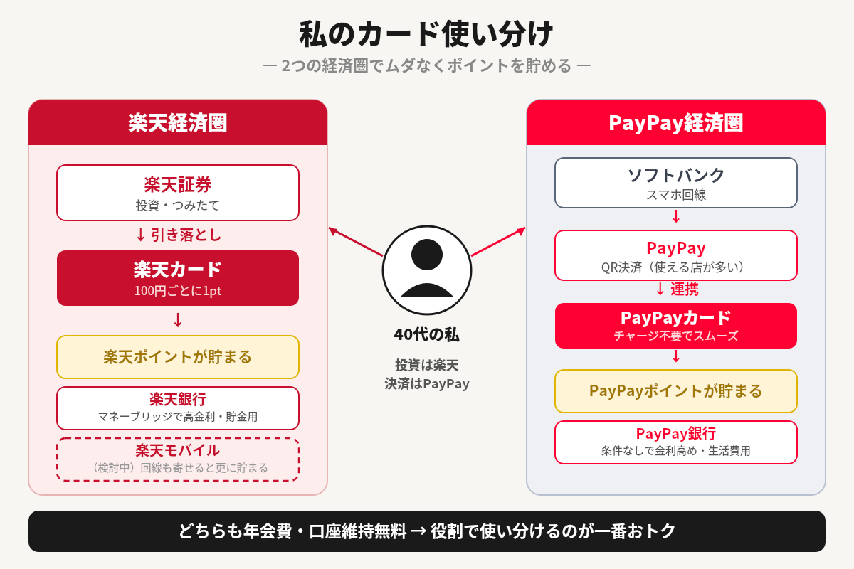 楽天経済圏とPayPay経済圏の使い分け図解：投資は楽天カード、QR決済はPayPayカード