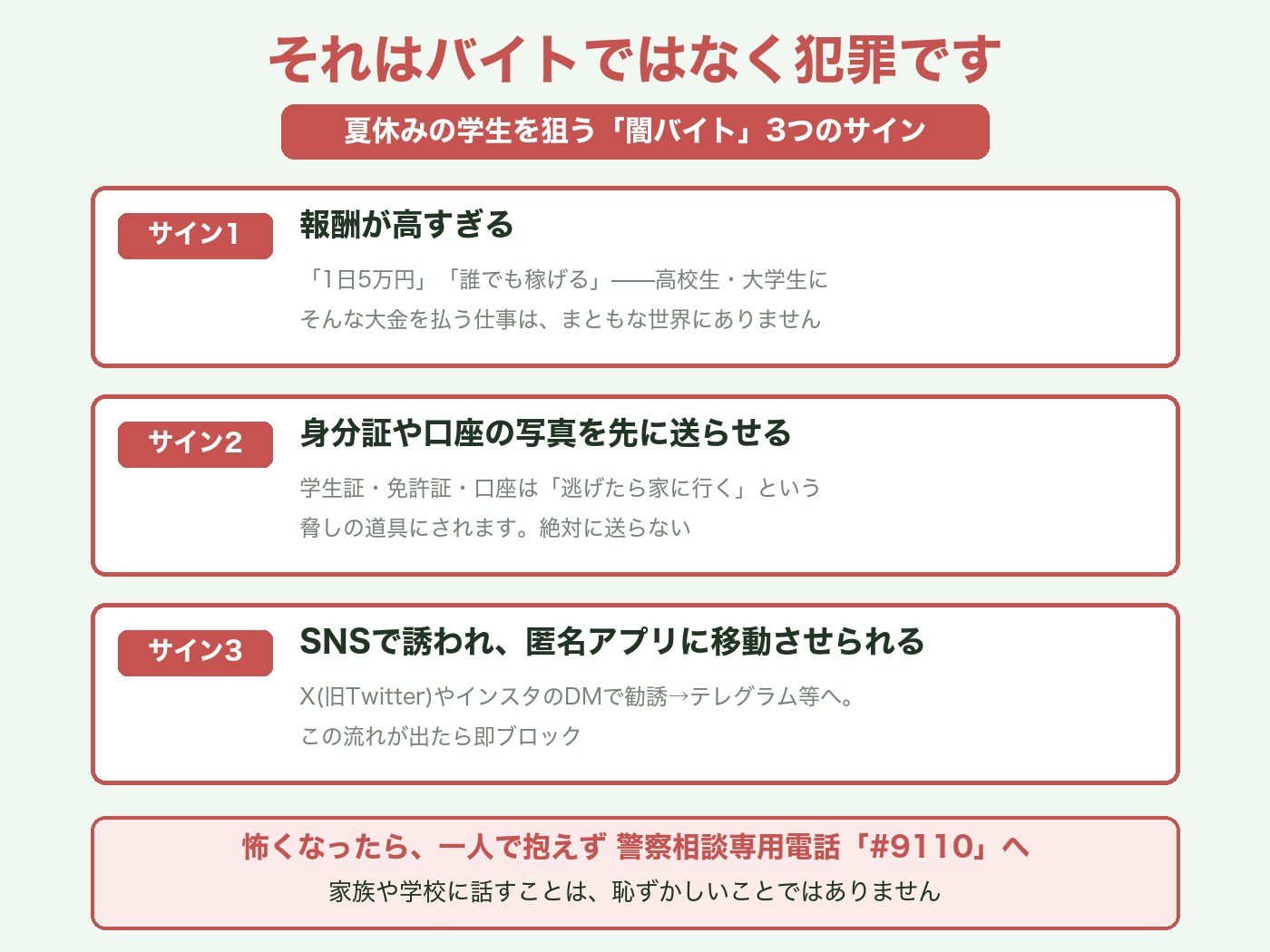 闇バイト3つのサイン:報酬が高すぎる・身分証や口座を先に送らせる・SNSから匿名アプリへ誘導