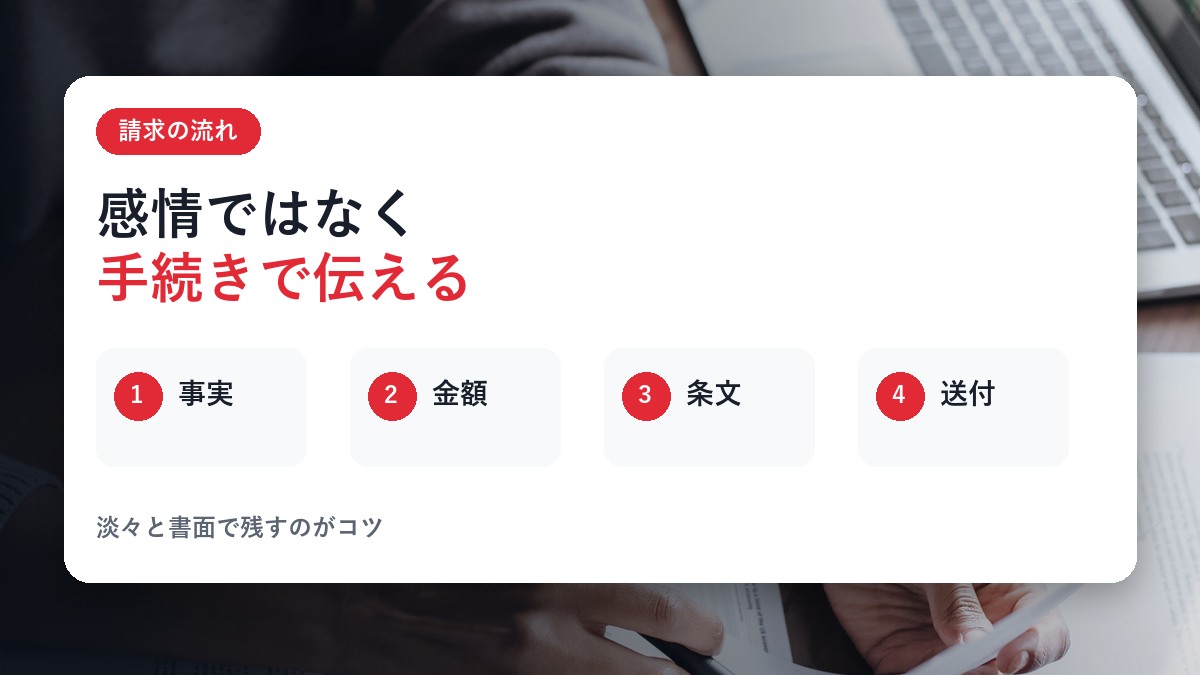請求の流れ:感情ではなく手続きで伝える。事実→金額→条文→送付の4ステップ